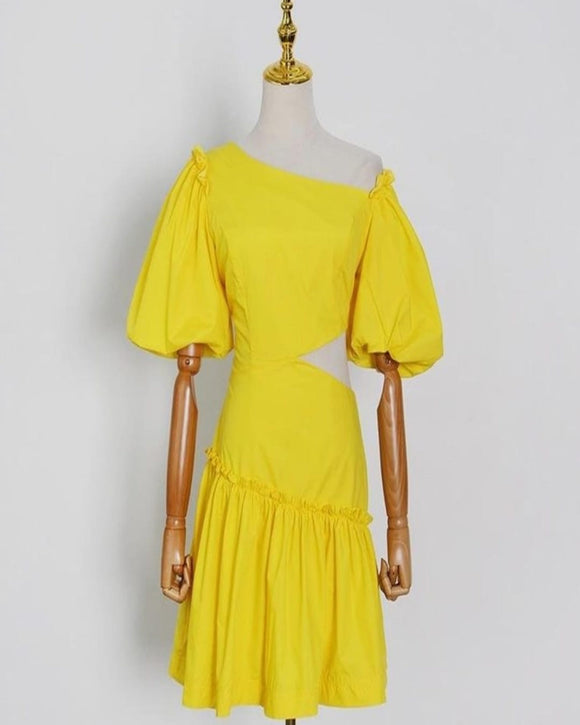 Voyages D'Ete Yellow Puff Sleeve Dress